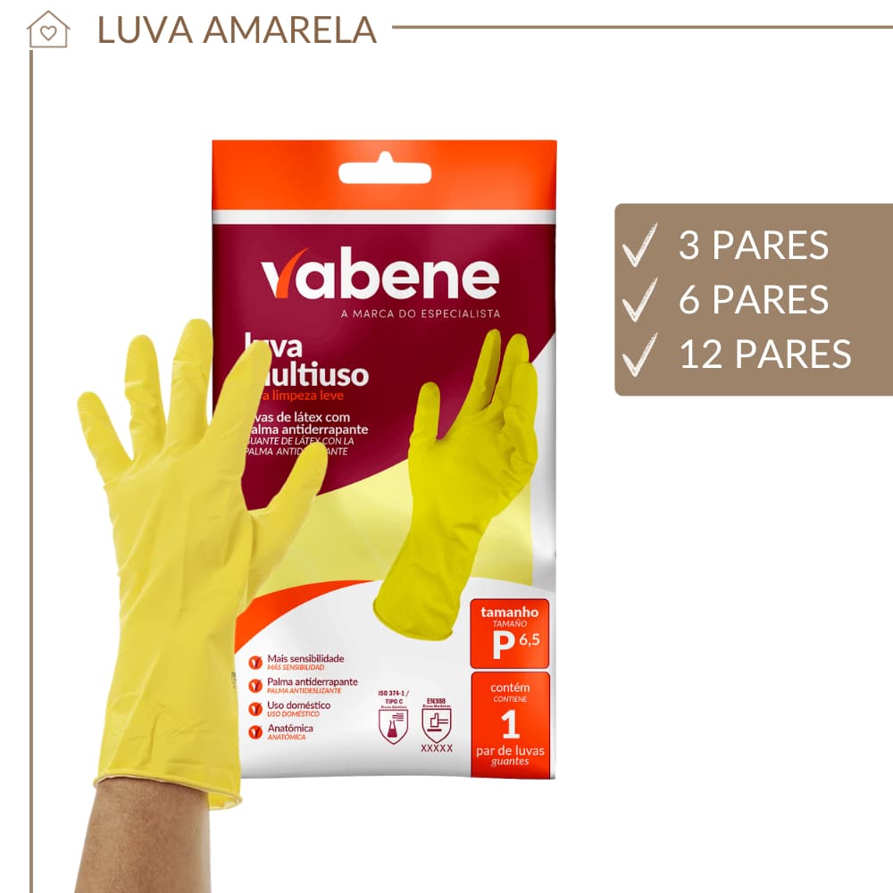 Kit Luva de Látex Amarela  Multiuso para Limpeza – 3, 6 ou 12 Unidades