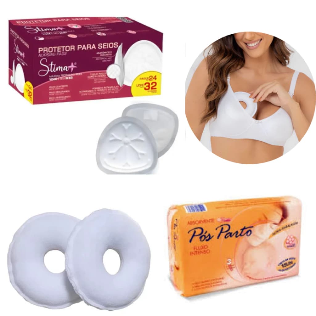 KIT CUIDADOS PÓS PARTO DA MAMÃE ABSORVENTE PÓS PARTO 15 UN/ROSQUINHA PARA SEIOS/ABS PARA SEIOS 30 UN