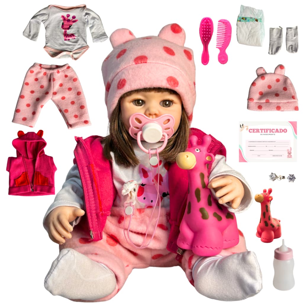 Boneca Bebe Reborn Realista Silicone Liz Girafinha Enxoval Completo