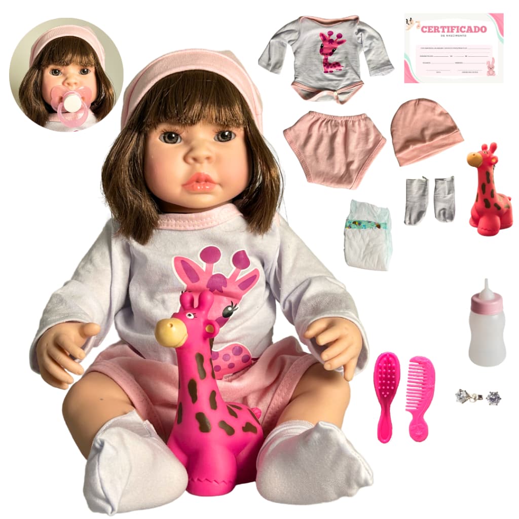 Boneca Bebe Reborn Roberta Girafinha Realista Corpo de Silicione com Enxoval