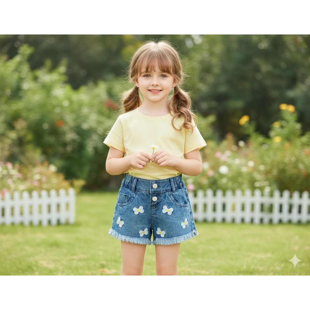 Shorts Jeans Infantil Verão Menina Bordado Barra Desfiada