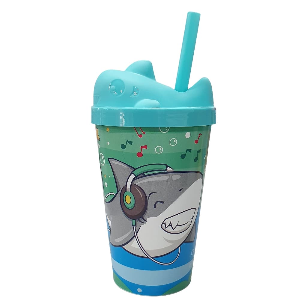 Copo Infantil Com Tampa 3D e Canudo 350ml Linha Animais Vários Temas Copo para Criança