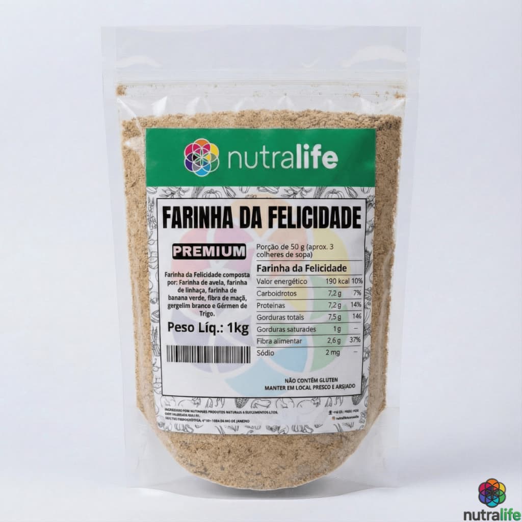 Farinha da Felicidade Dopamina Farinha de Banana Verde Fibra de Maçã Gergelim Branco Farinha de Aveia e Germén de Trigo
