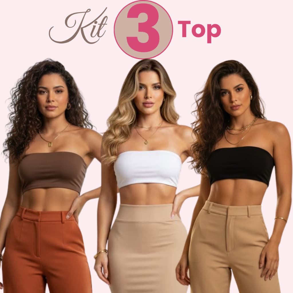 Kit 3 Top Tube Cropped Faixa Feminino Suplex Liso Academia Moda Fitness Treino