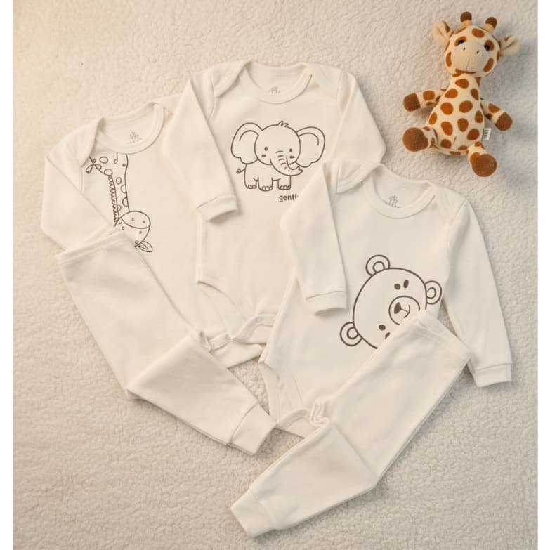 Conjunto Bebê Body + Calça Suedine 100% Algodão Minimalista Coleção Safari Neutro Unissex RN ao GG