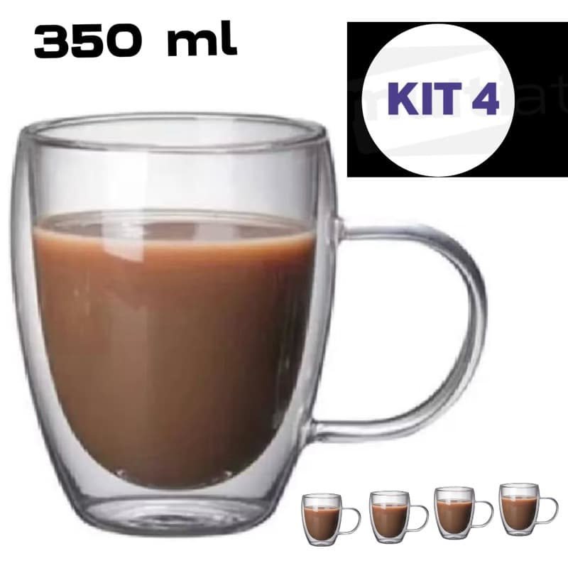 KIT até 4 Xícaras Parede Dupla de Vidro 350 ML Jogo de Xicaras para Café Expresso Chá Cappuccino