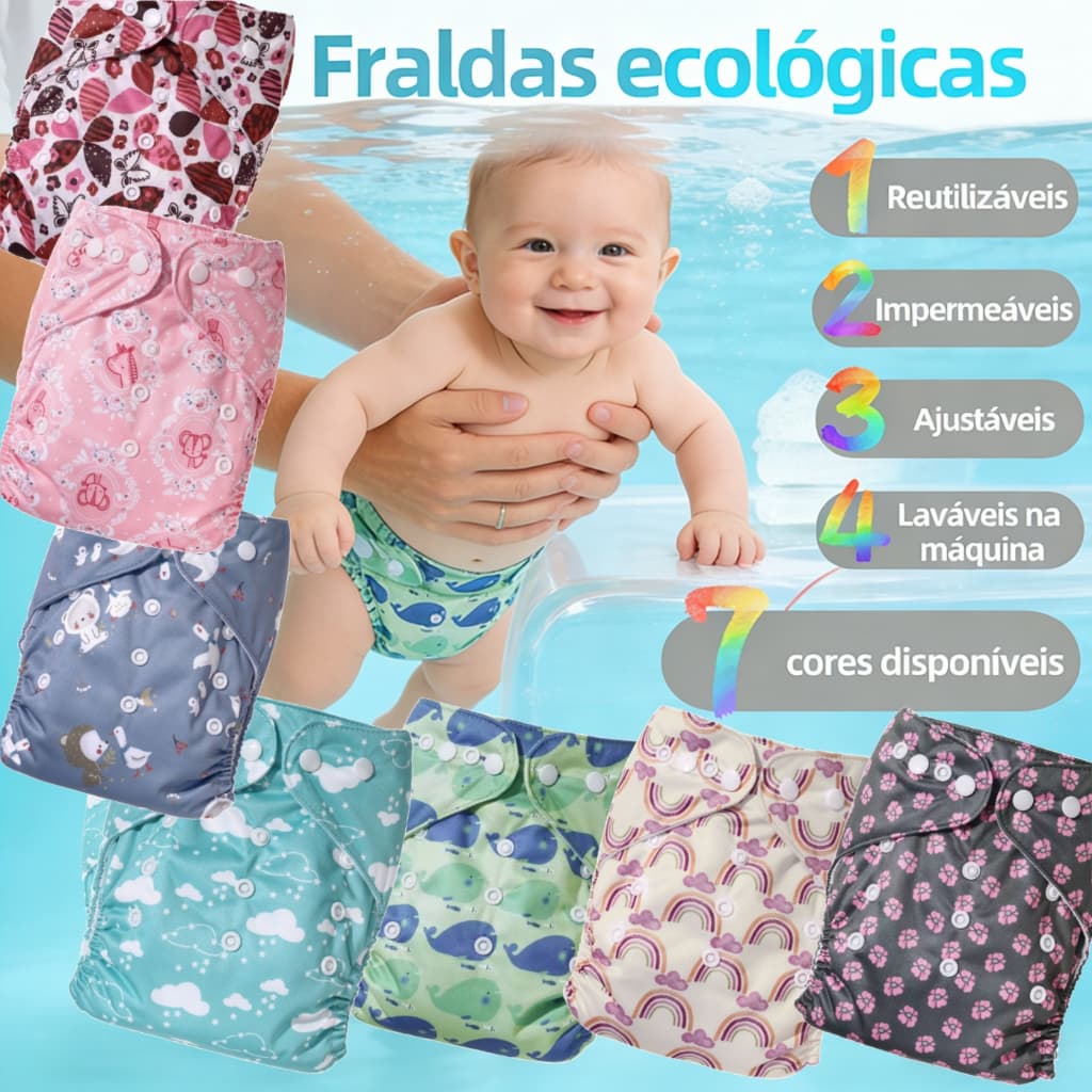 Fralda Ecológica Reutilizável Ajustável Bebê Impermeavél Lavável