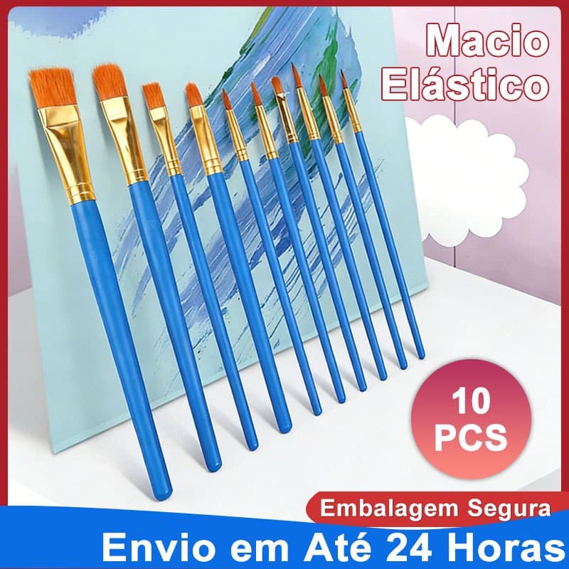 Kit com 10 Pincéis Artísticos para Pintura Cerdas Macias Resistentes Aquarela Óleo Guache Acrílica