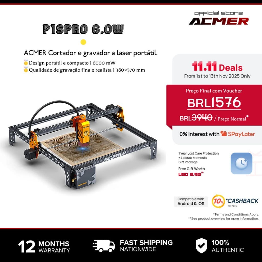 Acmer Máquina de corte a laser P1 S Pro 6W(6000 mW)  Alta Precisão 10.000mm/min, Classe 4, 380×370mm