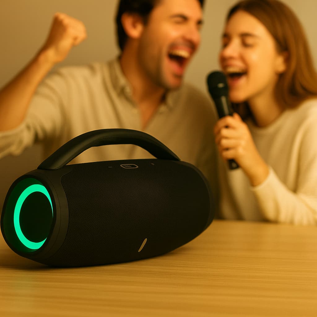 Caixa De Som Karaokê 2 Microfones Boombox 3 120W 33CM Bluetooth Pen-Drive Rádio A Prova D'Água