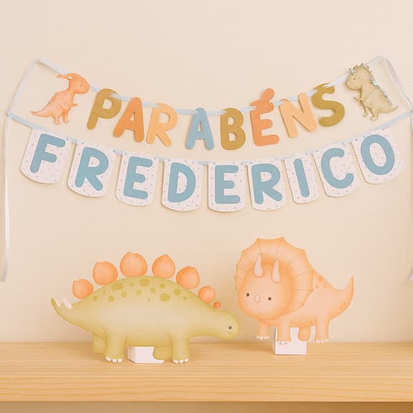 Bandeirola Dupla Dinossauro - Parabéns e Nome