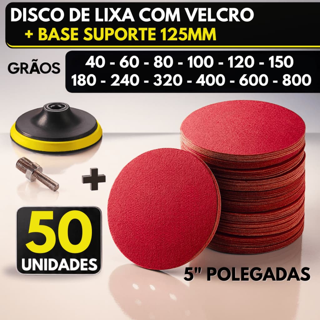 Kit Base + 50 Disco Lixa Velcro Sem Furos Roto Orbital Lixadeira para Ferro, Metal, Massa e Madeira 125mm Suporte M14