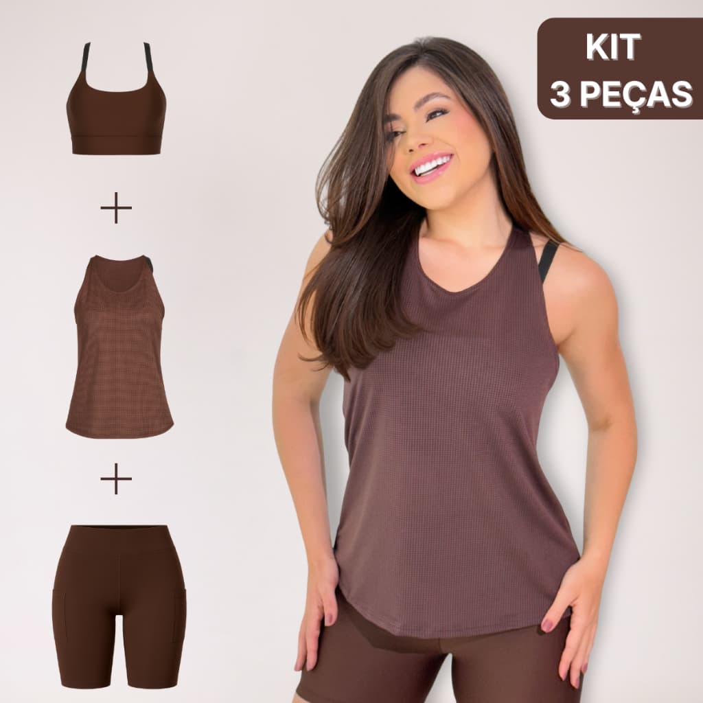 Kit 3 peças Top + Regata Dry Fit + Short Com Bolsos Fitness Feminino Treino Academia Cross Fit