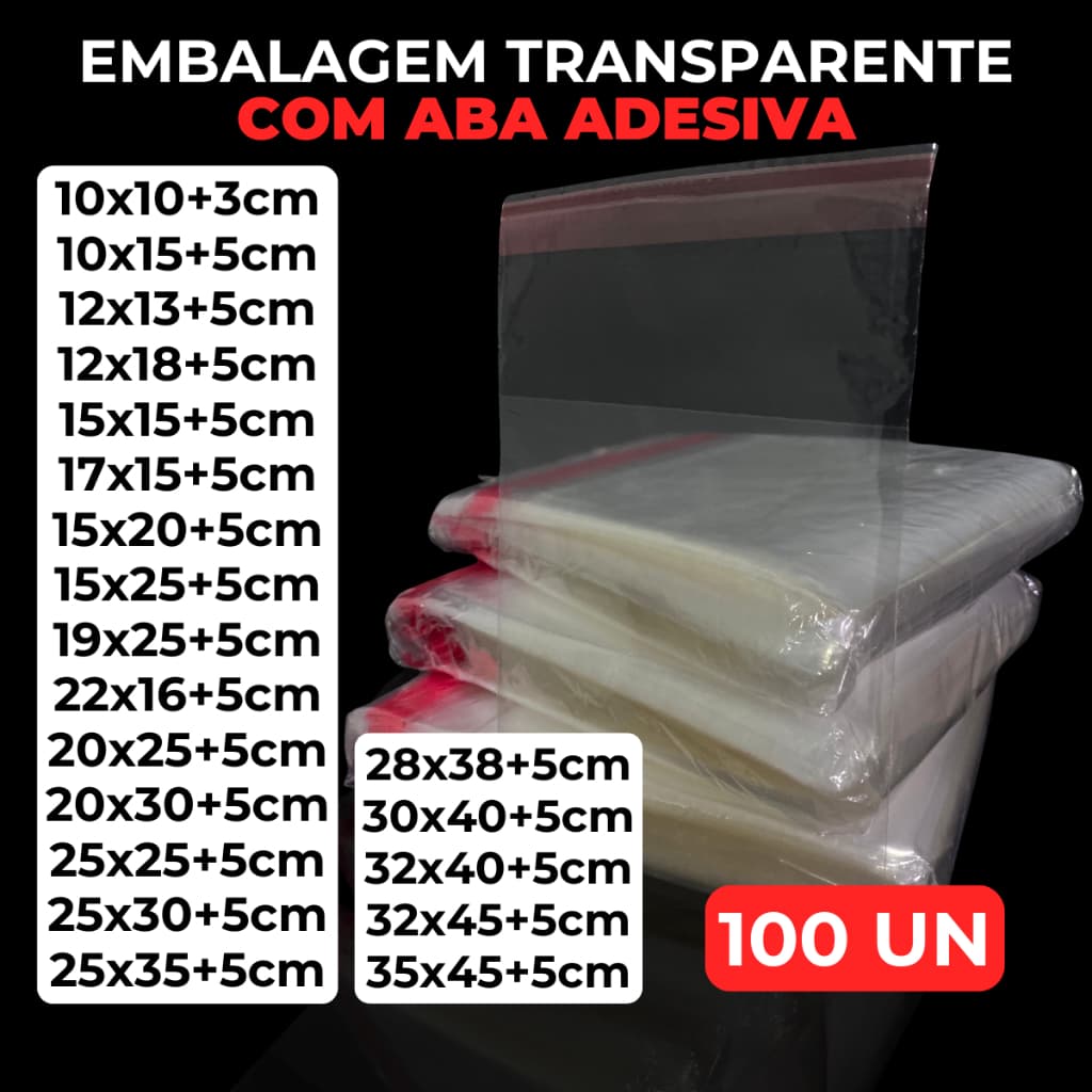 100un Saco Saquinhos Plástico PP Adesivado Transparente C/Aba Embalagem Abre e Fecha Variedade