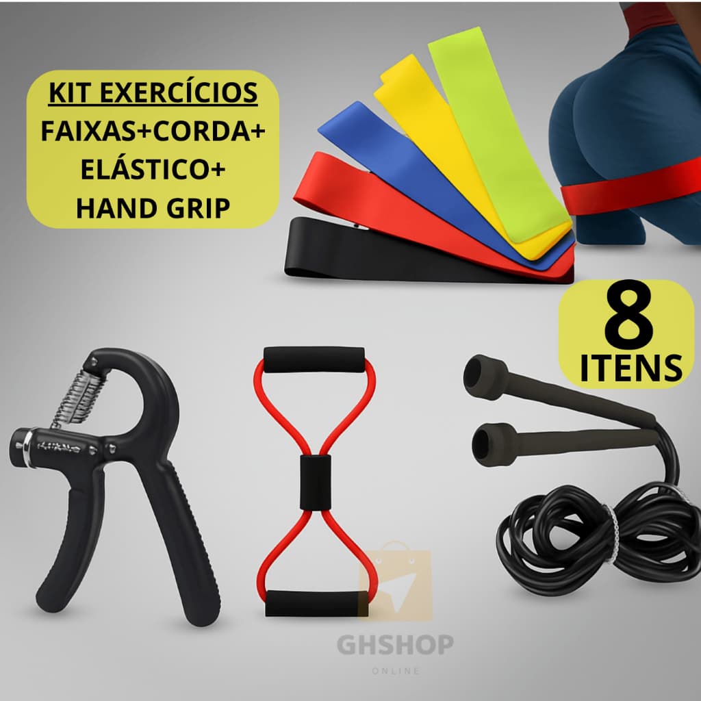 Kit Exercicio Em Casa Faixas Elástica Mini Band + Elastico Extensor + Corda Pula + Hand Grip