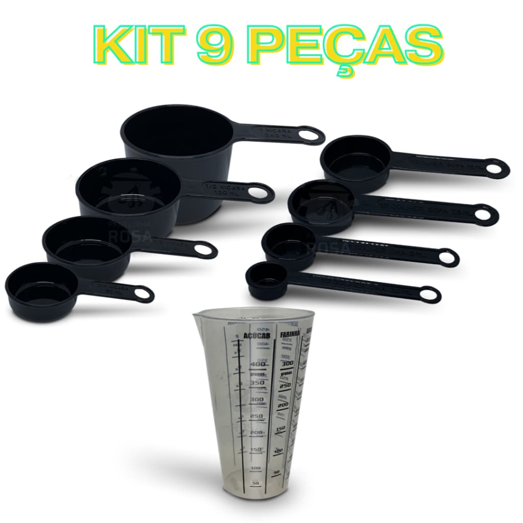 Jogo de Medidores preto 9 Peças para Confeitaria e Culinária