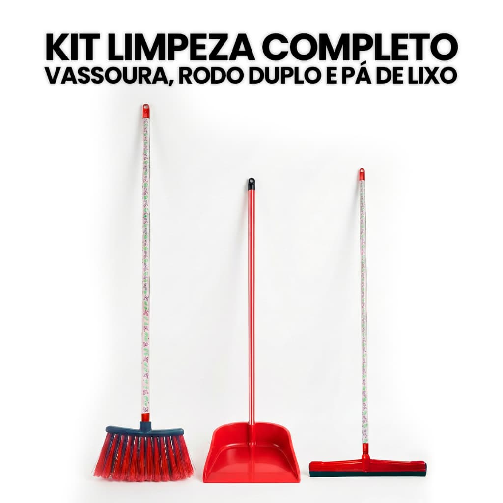 Kit Vassoura Com Cabo Rodo Duplo de 40cm Pá de Lixo Com Todos Os Cabos