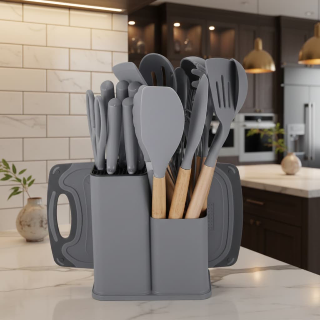 Kit 19 Peças Jogo de Utensílios Para Cozinha em Silicone Com Cabo de Madeira Completo