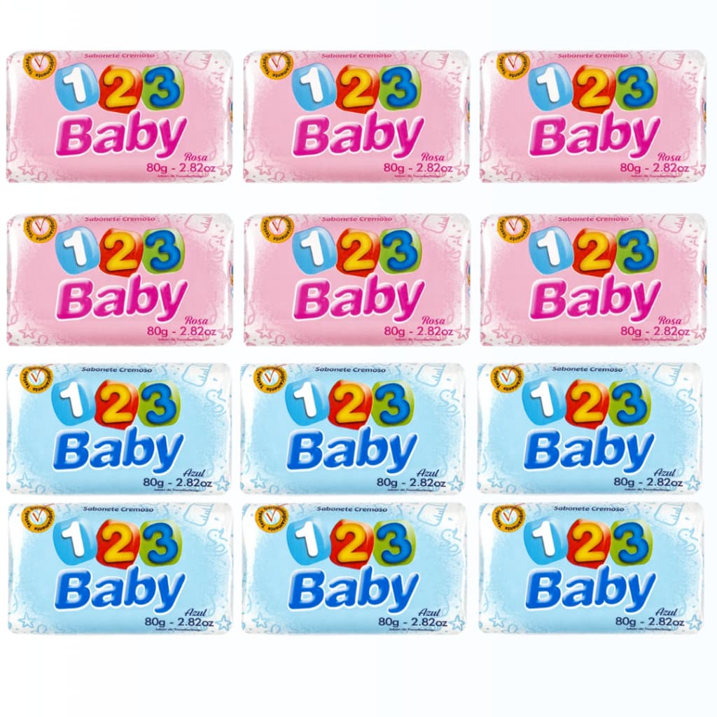 Kit 12 Sabonetes Infantis 123 Baby Azul ou Rosa