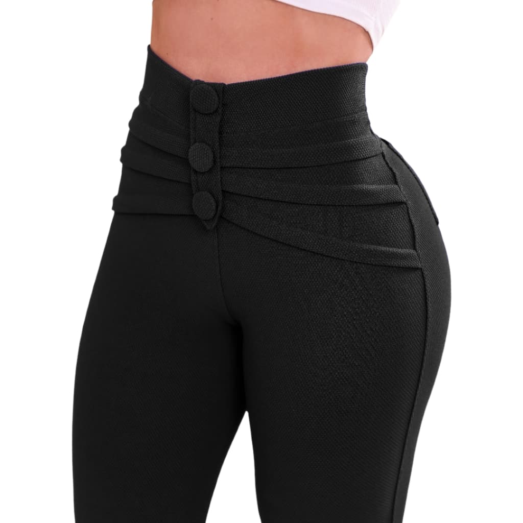 Calça Legging Feminina Skinny Botão Encapado Leg Cintura Alta Levanta Bumbum Malha Pop Zero Transparencia