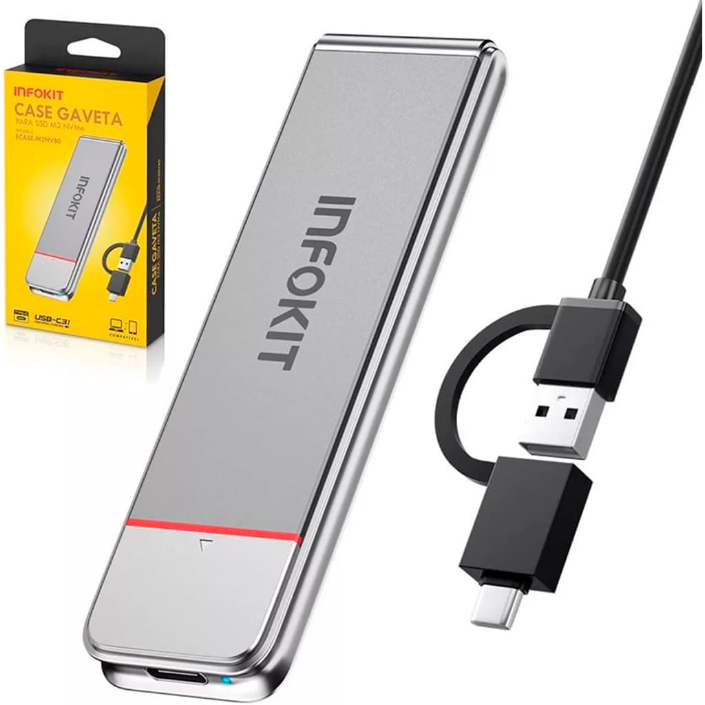 CASE EXTERNO PARA SSD M.2 NVMe (PCIe) USB 3.1 TIPO-C 10Gbps EXBOM/INFOKIT ECASE-M2NV80 (ALUMÍNIO)