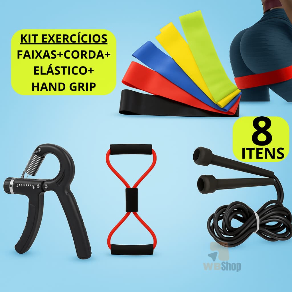Kit Mini Band + Elastico Extensor + Corda Pula + Hand Grip Exercicio Em Casa Faixas Elástica