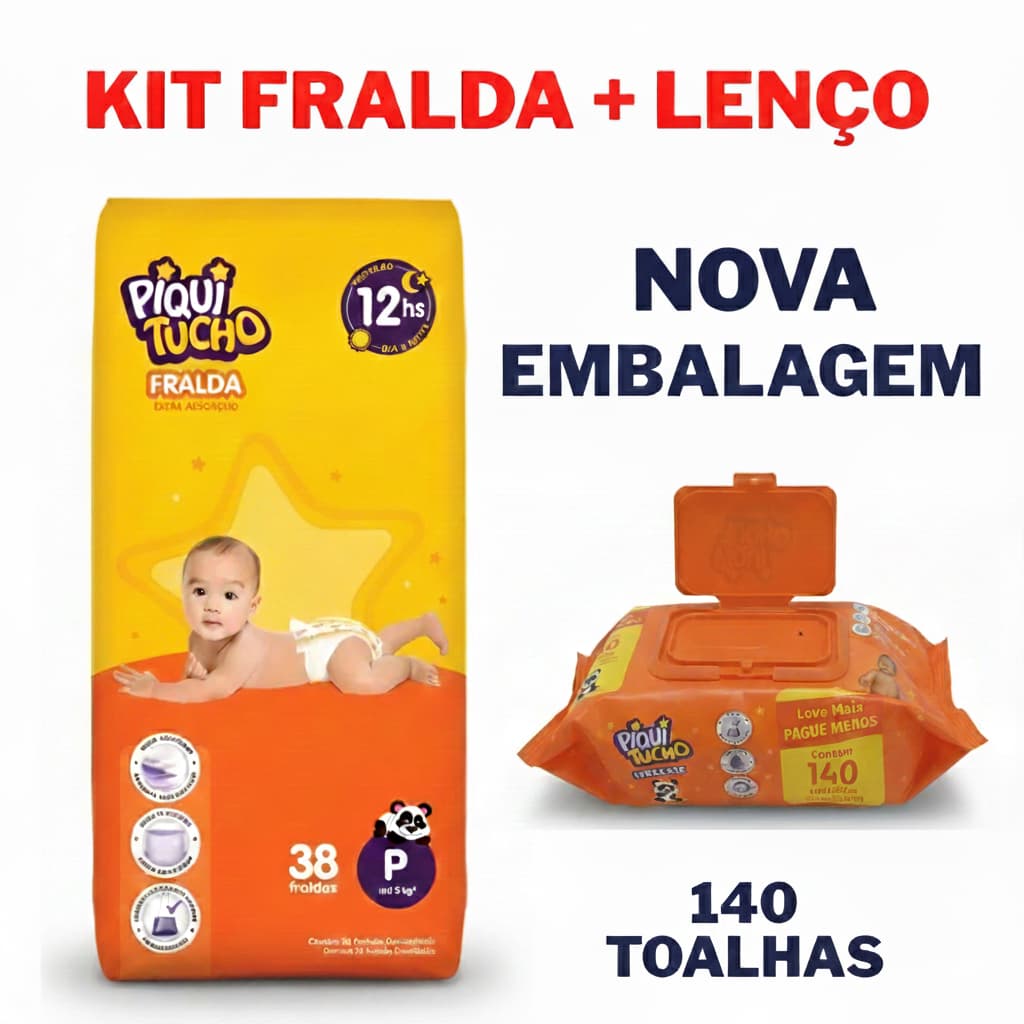 Kit Chá de bebê! Fralda Piquitucho P (38 Unidades) + Toalha Umedecida Hidrate (140 Unidades)