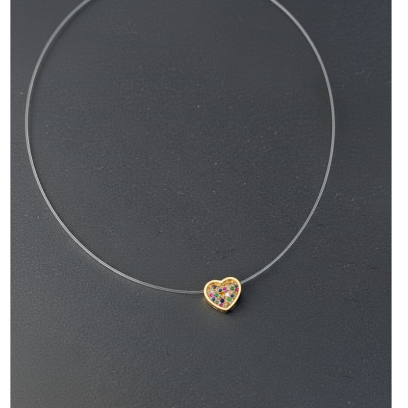 Colar Coração em Fio de Nylon com Zircônias Coloridas Banhado a Ouro 18k