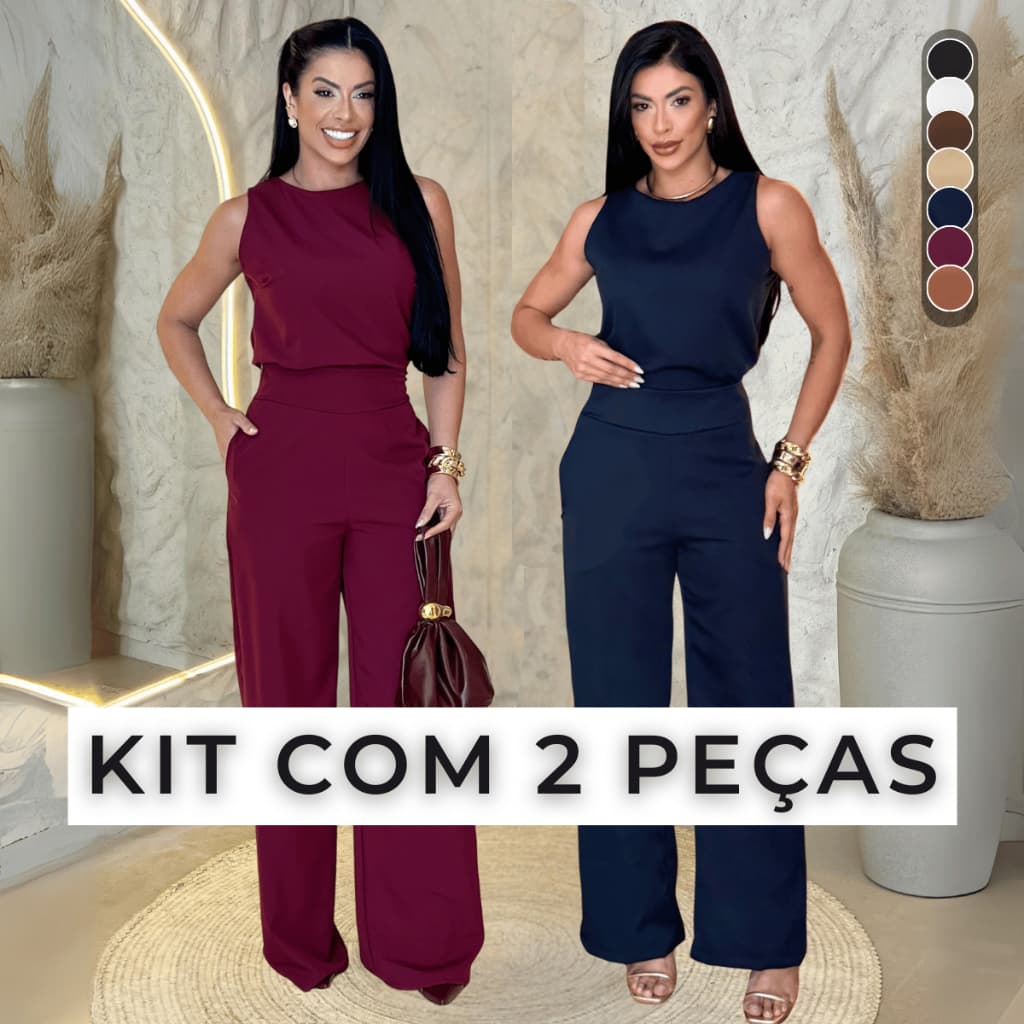 Kit 2 Conjunto Alfaiataria Feminino Calça Pantalona Blusa Regata Social Elegante