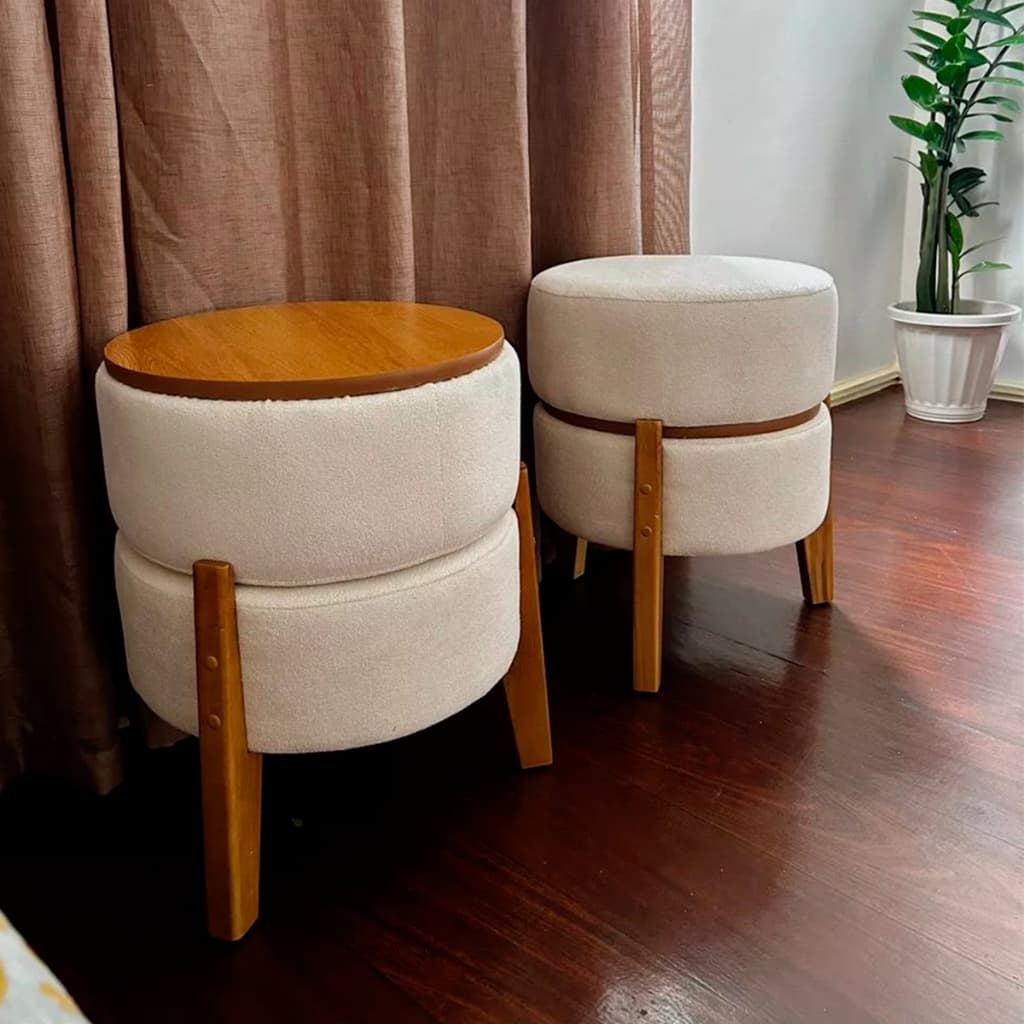 Pufe Puff Mesa Sala Estofado Redondo Decorativo Pés De Madeira Mesinha 2 Em 1 Tecido Boucle