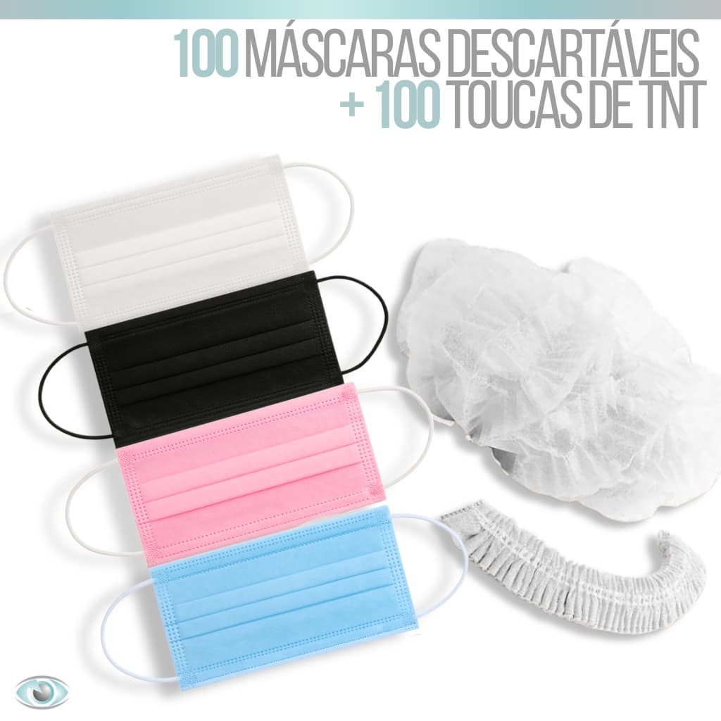 Kit 100 Touca Branca TNT+100 Máscara Descartável Tripla Camada c/ Clipe Nasal | Rosa, Azul, Branco e Preto