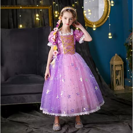 Fantasia Infantil Meninas Vestido & Trança Rapunzel Costumes para Crianças Carnaval Cosplay Halloween Aniversários