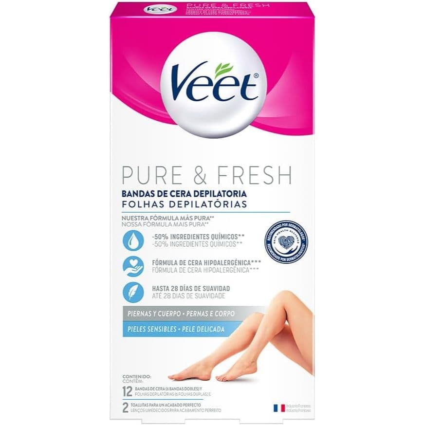 Cera Fria Depilatória Veet Pure & Fresh 12 Folhas | Pernas, Corpo Pele Lisa Remoção Suave Duradoura