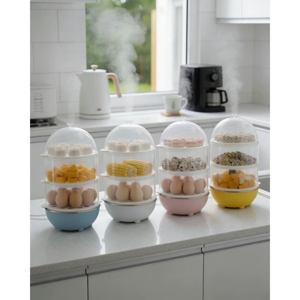 Panela elétrica para cozinhar ovos, 220V, design de três camadas, pode cozinhar no vapor e ferver.