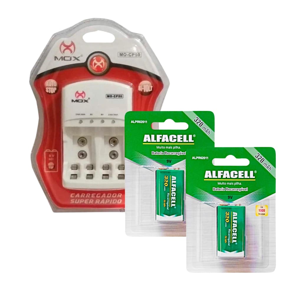 Kit Carregador de Pilha e Bateria 9V + 2 Baterias 9V Recarregaveis Pilha Retangular
