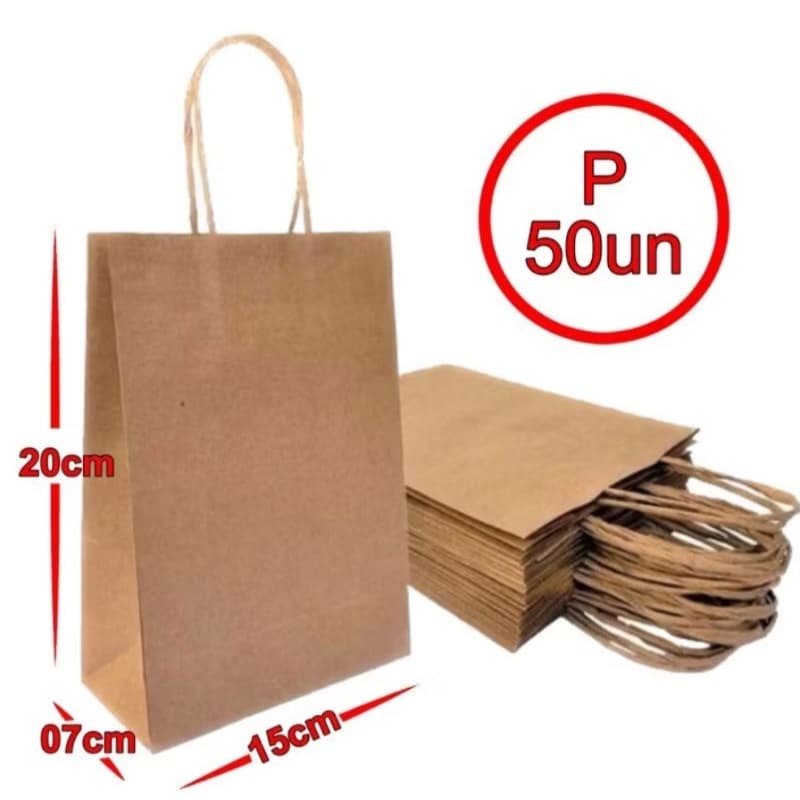 KIT Sacola De Papel Kraft Natural P 15x20x07cm 50 Unidades