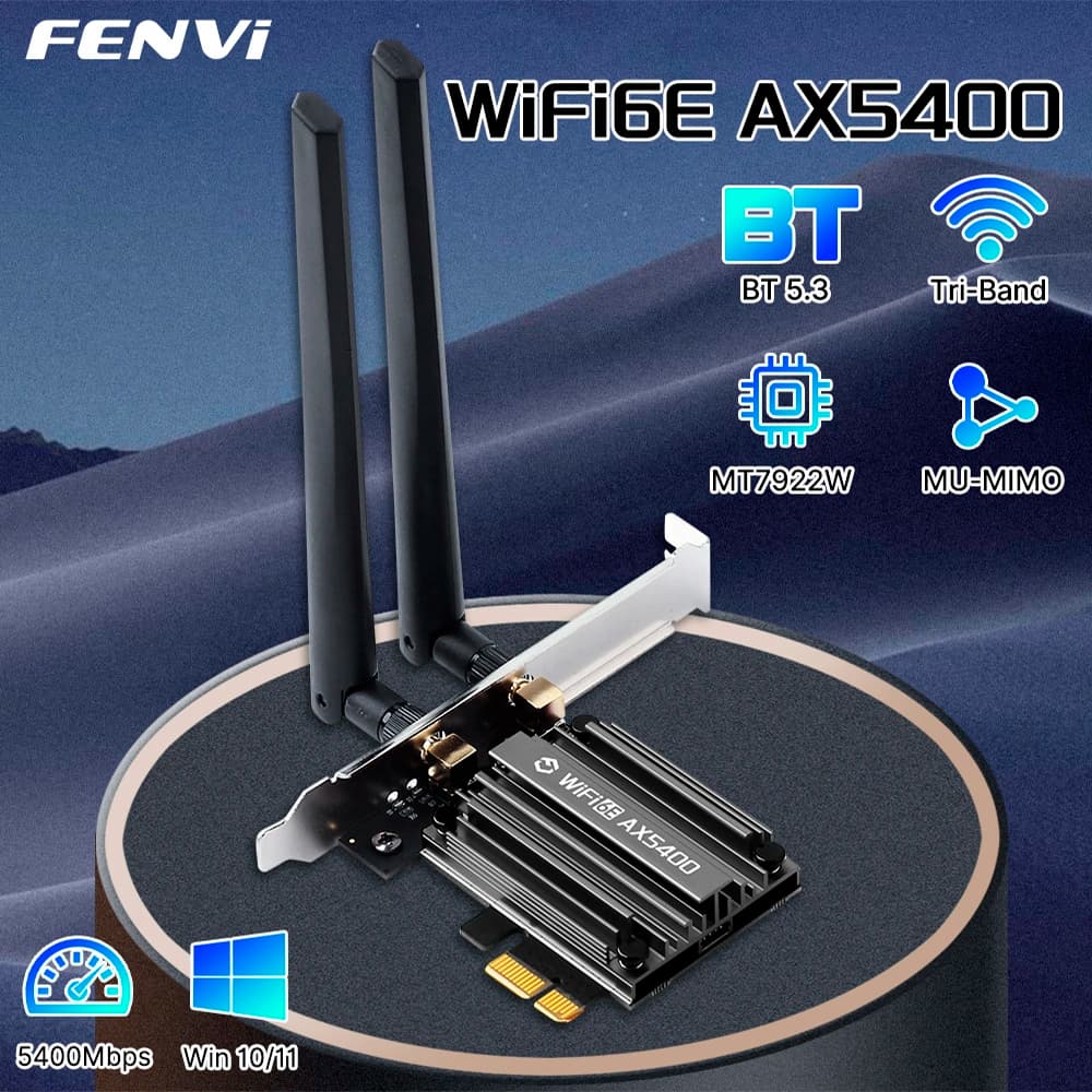 Placa Adaptador de Rede Wifi 6 + Bluetooth 5.3 Ax5400 Pcie Fenvi 6e 5G Trial Band Windows Pc PCI Express Kit Completo