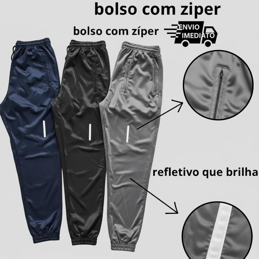 Kit 3 Calças Jogger Unissex Refletiva Esportiva Para Academia, Corrida e Trabalho Com Bolsos Laterais