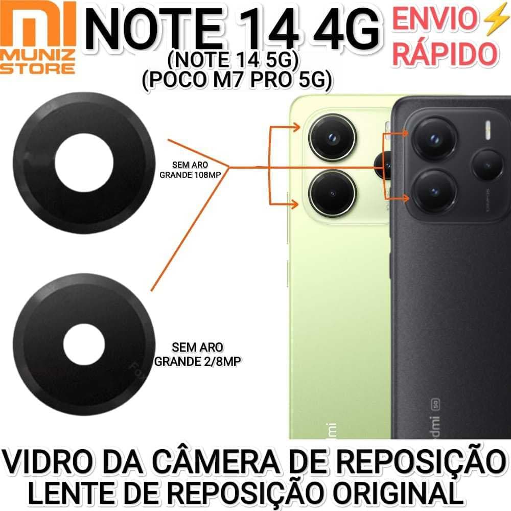 Vidro Redmi Note 14 4G/ Note 14 5G/ Poco M7 Pro 5G Vidros da Câmera Original de Reposição Sem Aro Lente/Lentes
