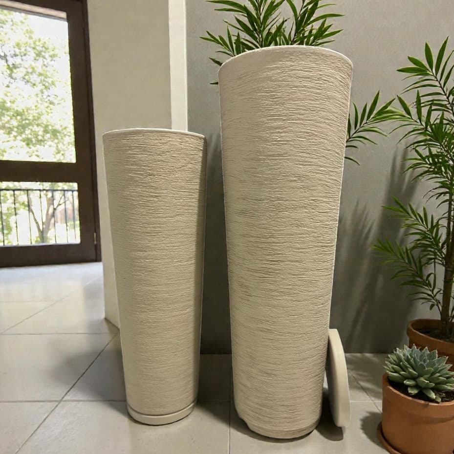 Kit 2 Vasos Coluna Ibiza Escovada P 59cm e M 70cm Para Plantas ou Flores Premium (C/ Prato Coletor)
