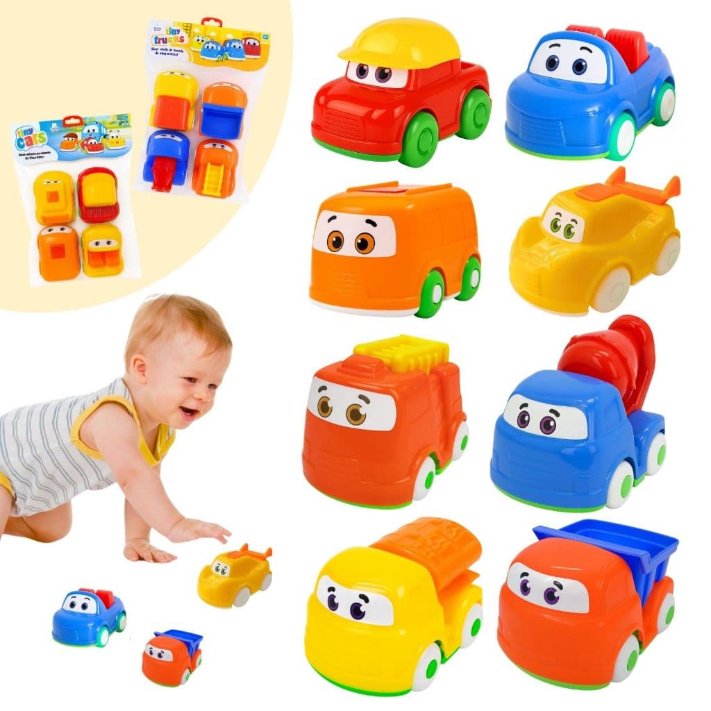 Kit 8 Carrinhos Educativos Infantil Didático Tiny Cars E Caminhões Construtores Estimula Bebê
