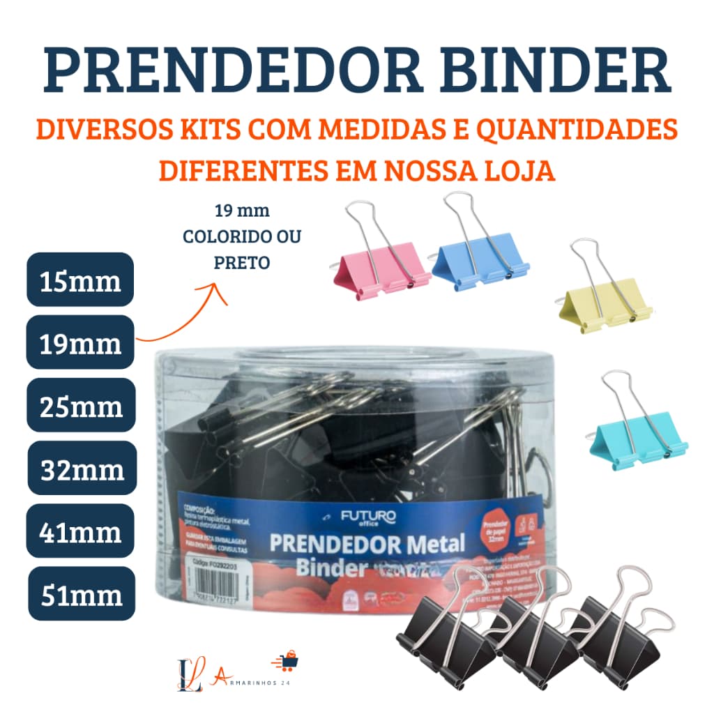 Prendedor De Papel Binder Metal Clips Borboleta Preto 51mm ou Colorido 19mm