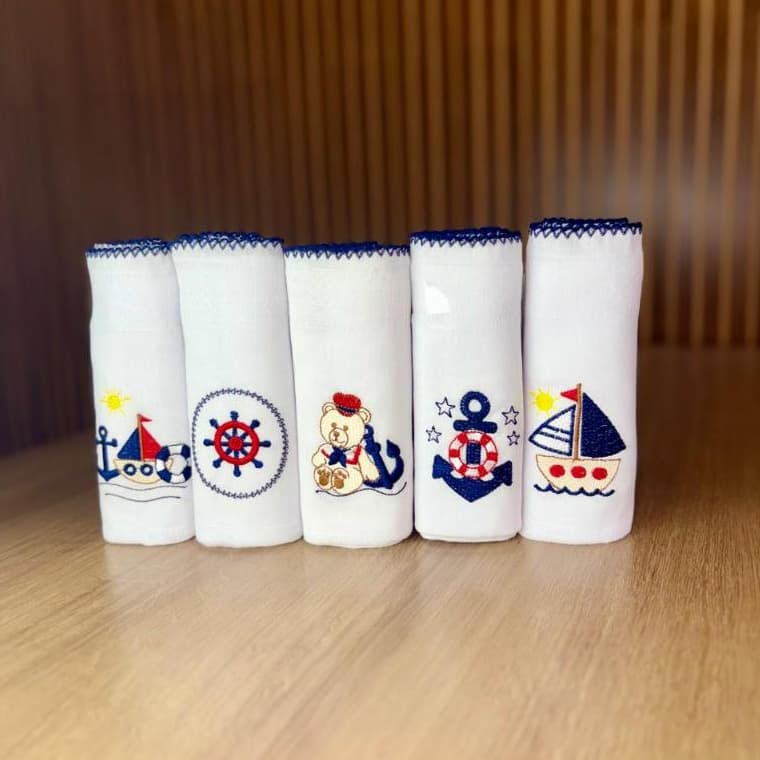 Kit 5 Fraldas de Pano para Bebê Bordada Pano Duplo 100% Algodão Menino Menina