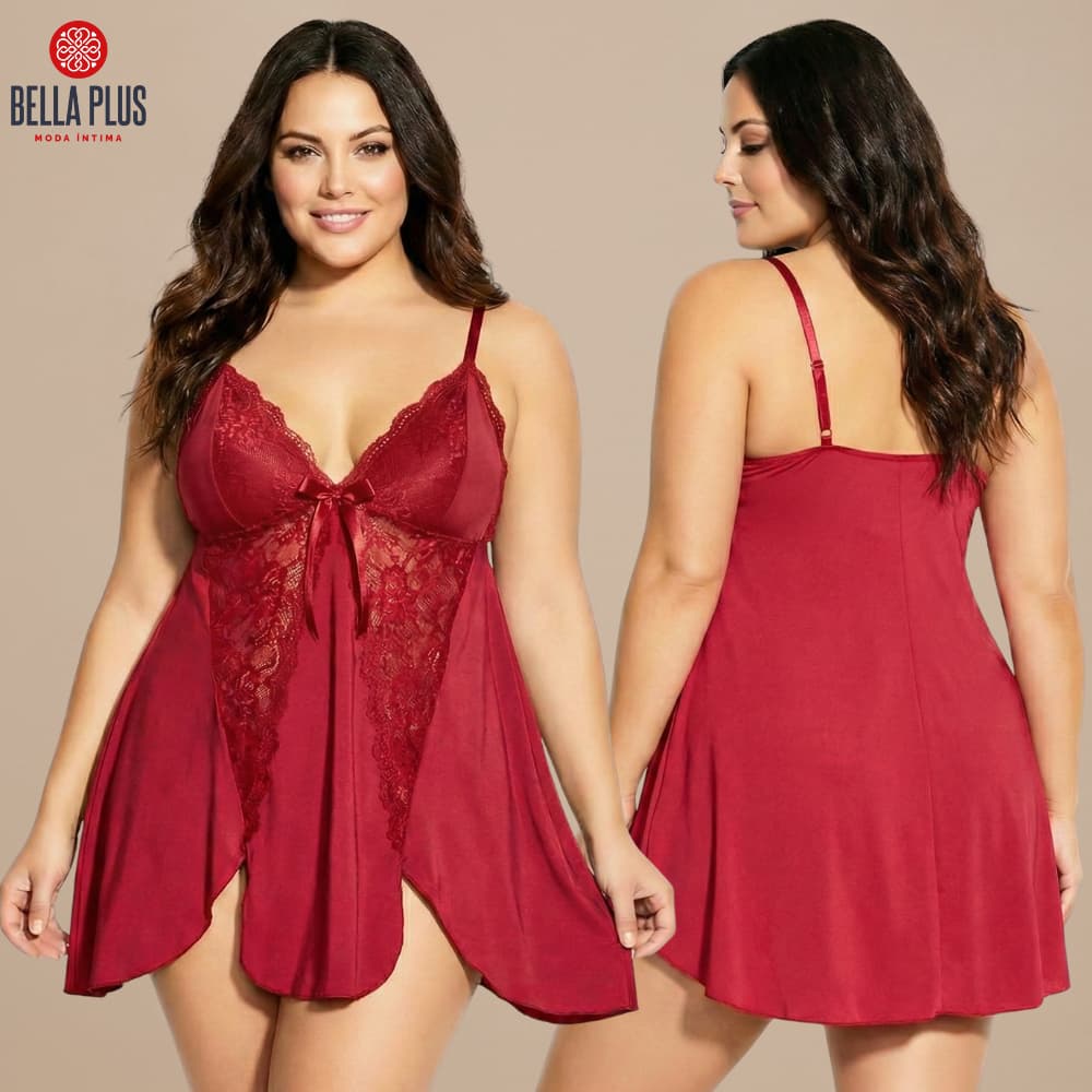 Camisola Plus Size Sem Bojo Detalhe em Renda Lingerie Feminina Pijama Linha Noite Bella Plus