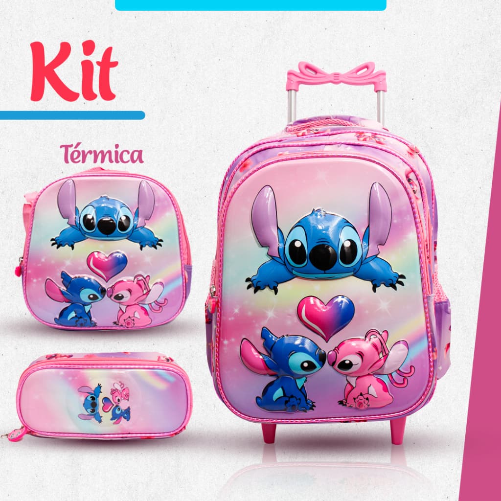 kit mochila escolar stitch 3D  com rodinhas lancheira térmica e estojo