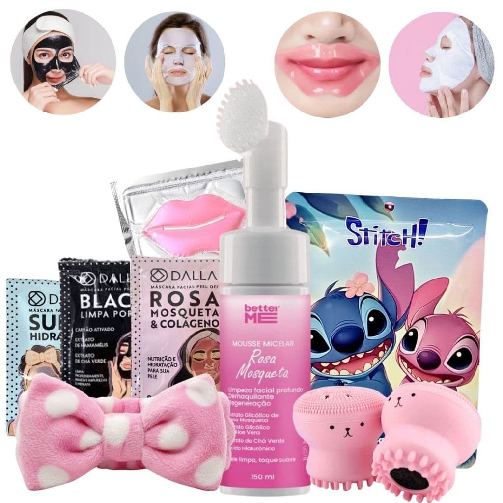 Kit Skincare Limpeza de Pele Facial - Mousse Rosa Mosqueta - 3 Mascara PeelOff - Mascara Labial - Stitch - Faixa Esponja