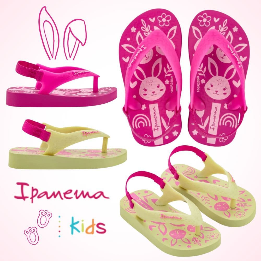 Chinelo Infantil Ipanema Baby Menina Original Grendene - Rosa Coelhinha e Bege Elástico Confortável Macio