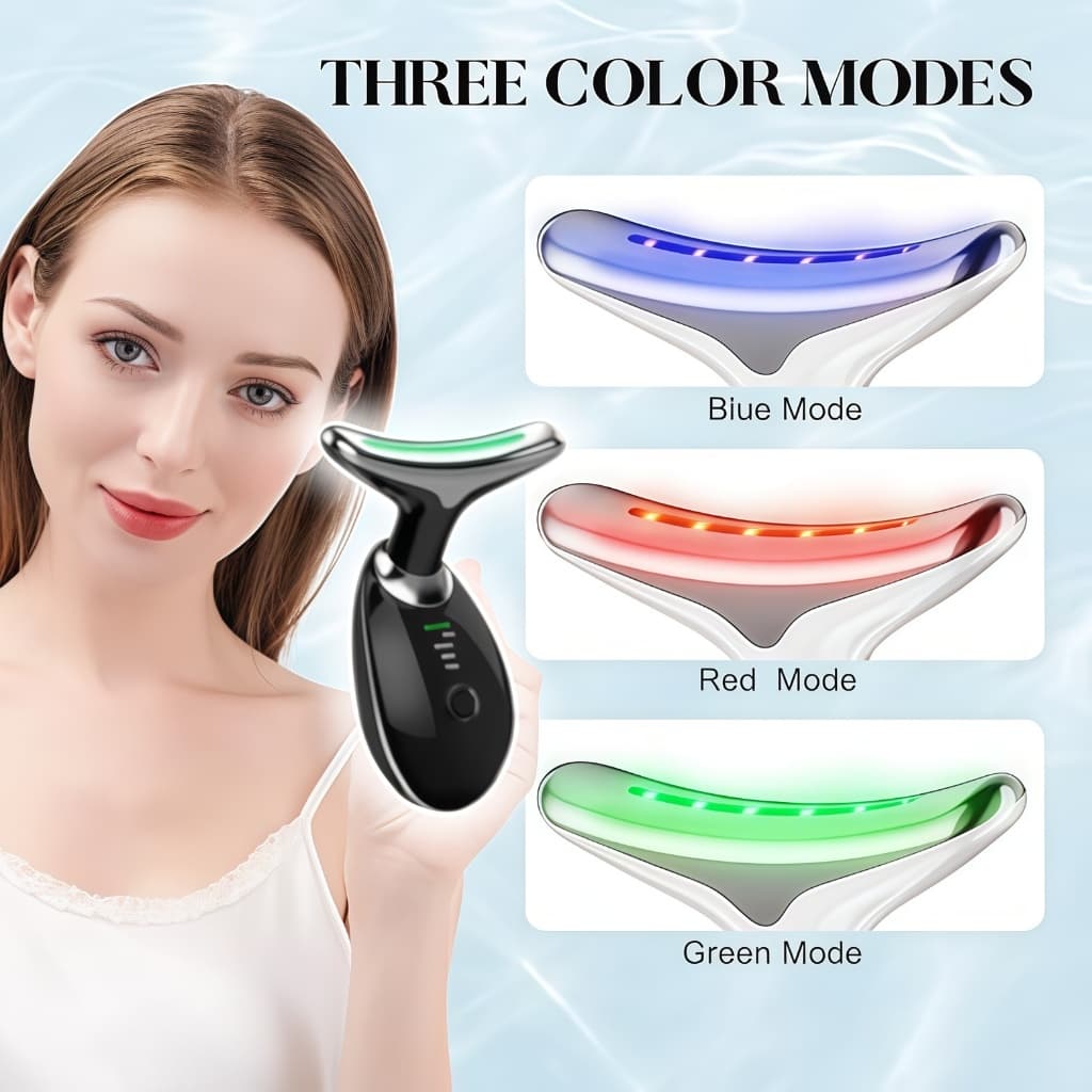 Massageador De Pescoço e Rosto LED  Vermelha/Azul/Verde - Redução Rugas e Estímulo Colágeno Facial