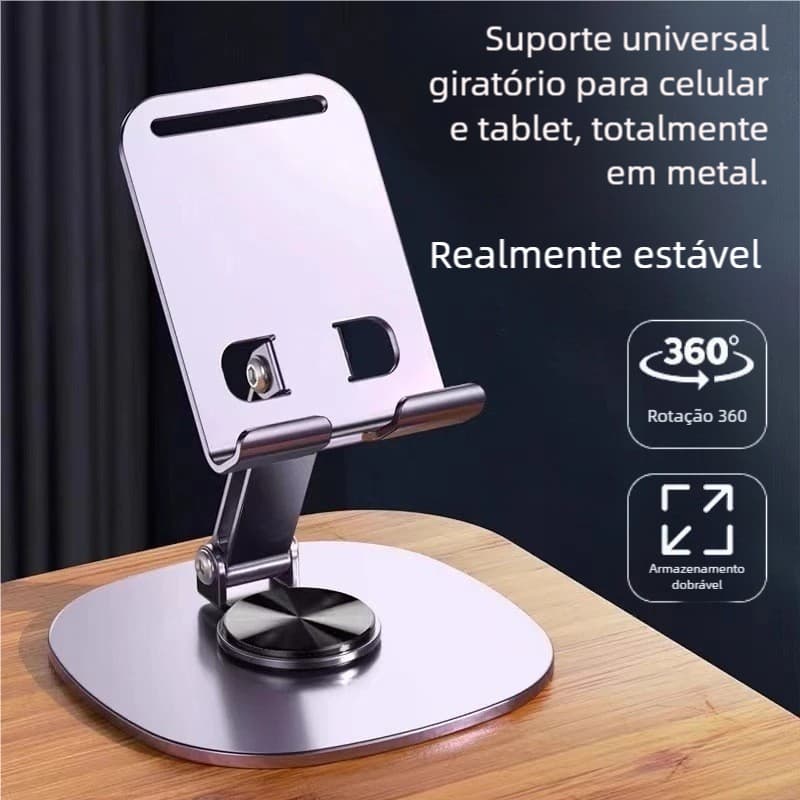 Suporte Alumínio de Mesa Base Rotatória Ajustável 360º Para Smartphones e Tablets