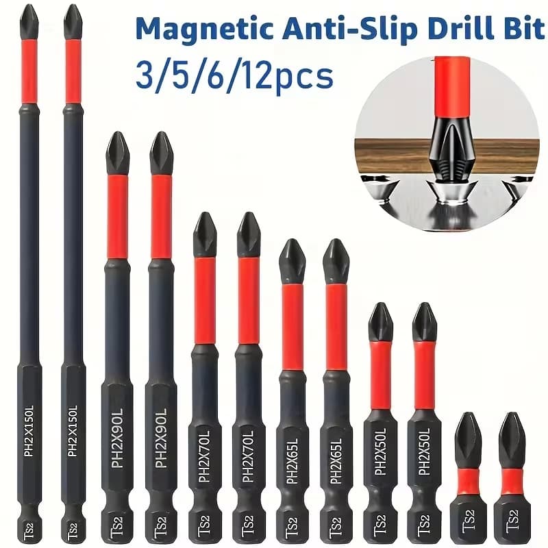 Jogo 12 Ponteiras Philips Magnéticos PH2 de Impacto Anti Derrapante Parafusadeira Bits Cruzado